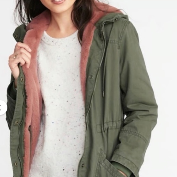 Old Navy Jackets & Blazers - Old Navy Green Military Pink Fur Lined Hooded Utility Parka Jacket